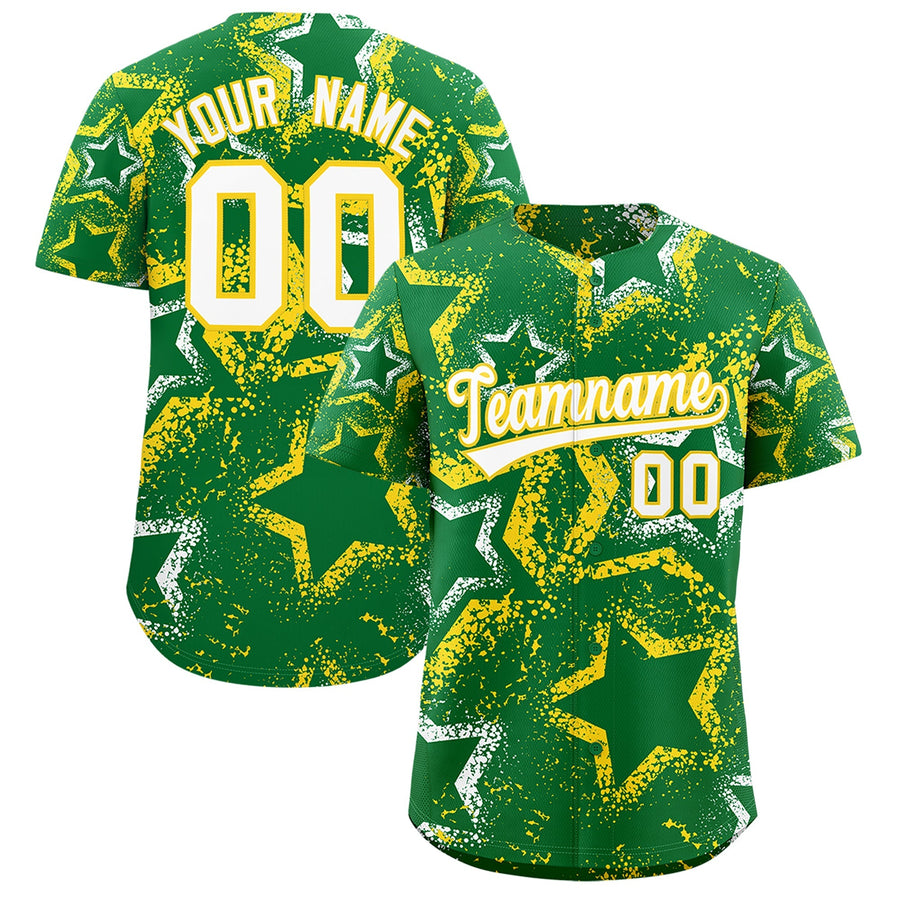 Custom Kelly Green White Gold Star-Shaped Ink Texture Graffiti Pattern Baseball Jersey | BuyFootballJersey