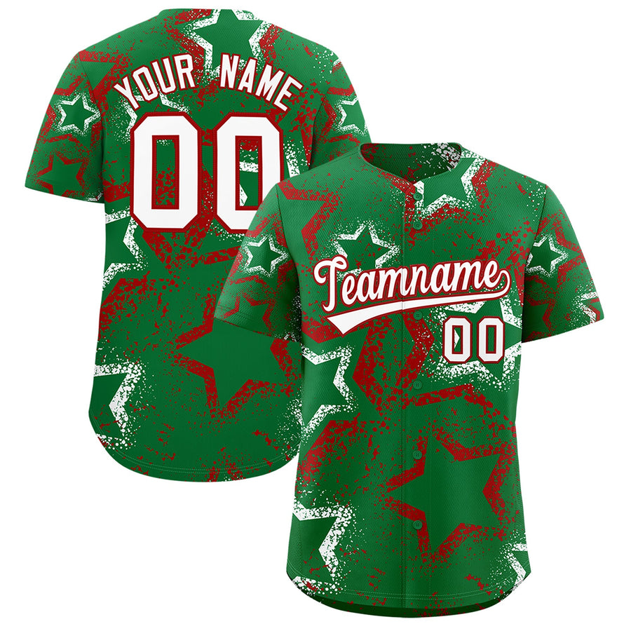 Custom Kelly Green White Red Star-Shaped Ink Texture Graffiti Pattern Baseball Jersey | BuyFootballJersey