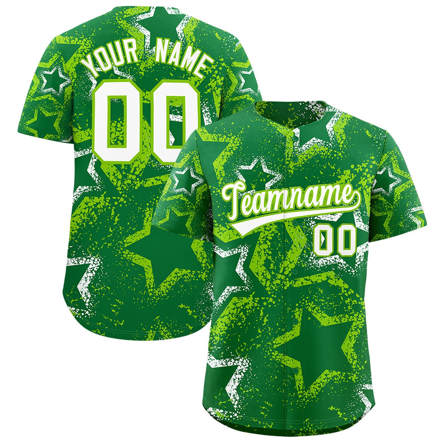 Custom Kelly Green White Neon Green Star-Shaped Ink Texture Graffiti Pattern Baseball Jersey | BuyFootballJersey