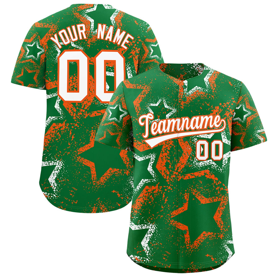 Custom Kelly Green White Orange Star-Shaped Ink Texture Graffiti Pattern Baseball Jersey | BuyFootballJersey