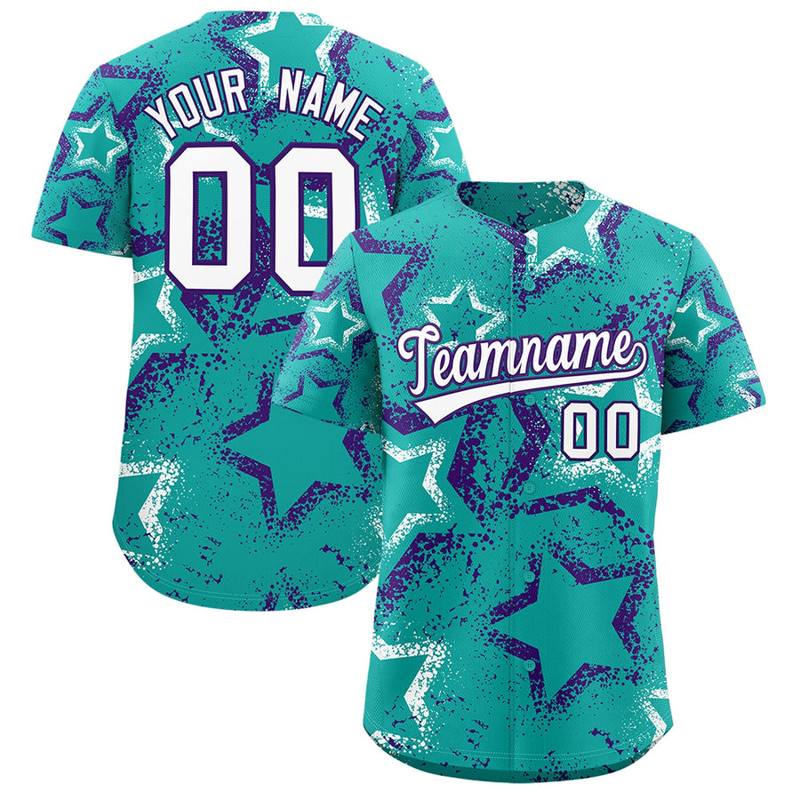 Custom Aqua White Purple Star-Shaped Ink Texture Graffiti Pattern Baseball Jersey | BuyFootballJersey