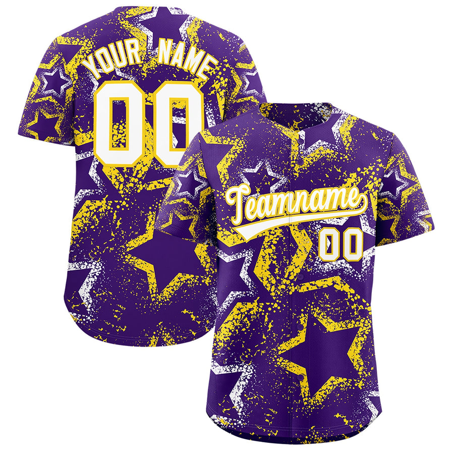 Custom Purple White Gold Star-Shaped Ink Texture Graffiti Pattern Baseball Jersey | BuyFootballJersey