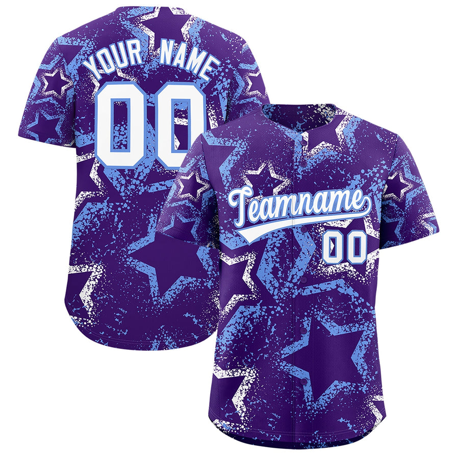 Custom Purple White Light Blue Star-Shaped Ink Texture Graffiti Pattern Baseball Jersey | BuyFootballJersey