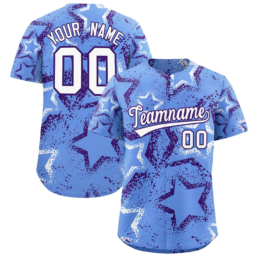 Custom Light Blue White Purple Star-Shaped Ink Texture Graffiti Pattern Baseball Jersey | BuyFootballJersey