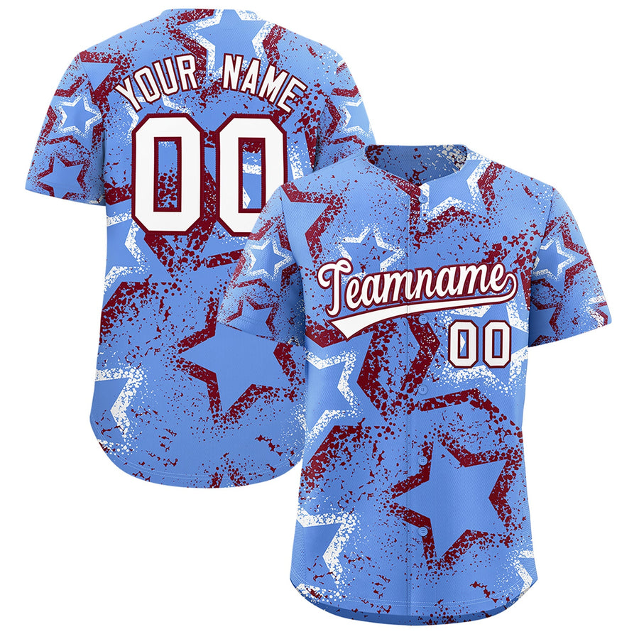 Custom Light Blue White Crimson Star-Shaped Ink Texture Graffiti Pattern Baseball Jersey | BuyFootballJersey