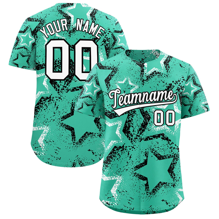 Custom Bright Green White Black Star-Shaped Ink Texture Graffiti Pattern Baseball Jersey | BuyFootballJersey
