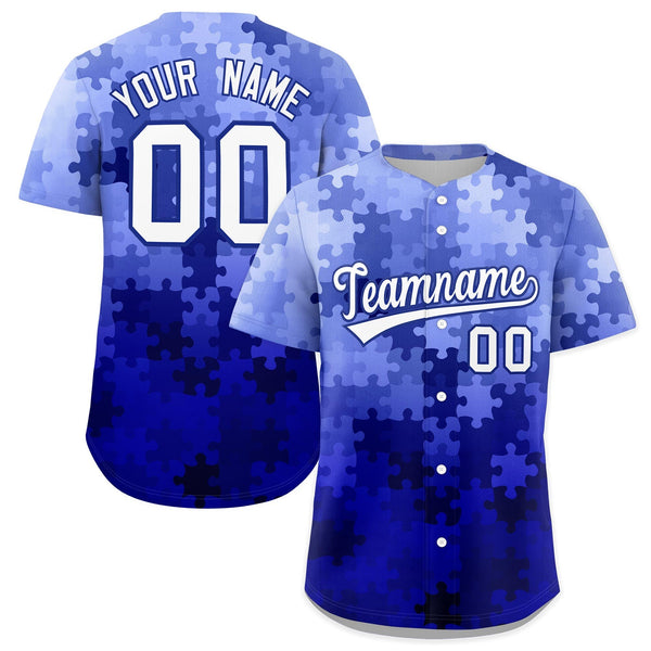 Custom White Royal Blue Puzzle Elements Baseball Jersey | BuyFootballJersey
