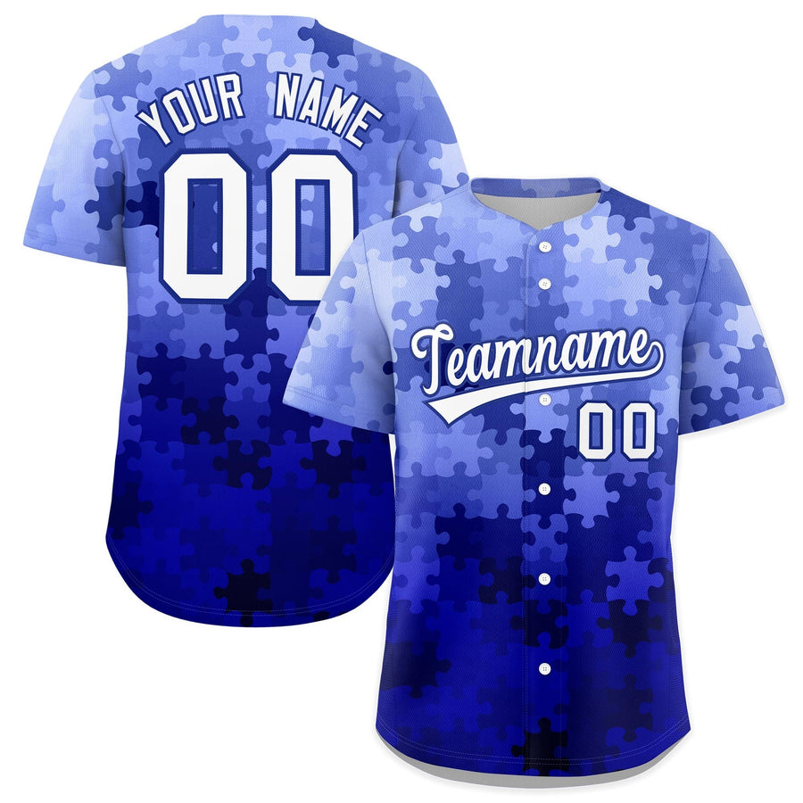 Custom White Royal Blue Puzzle Elements Baseball Jersey | BuyFootballJersey