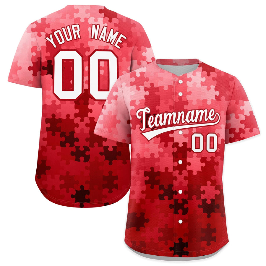 Custom Red White Puzzle Elements Baseball Jersey | BuyFootballJersey