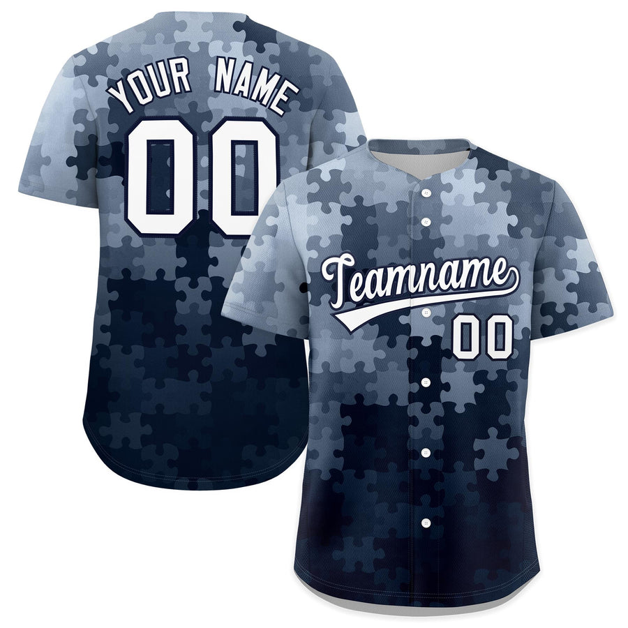 Custom White Navy Puzzle Elements Baseball Jersey | BuyFootballJersey