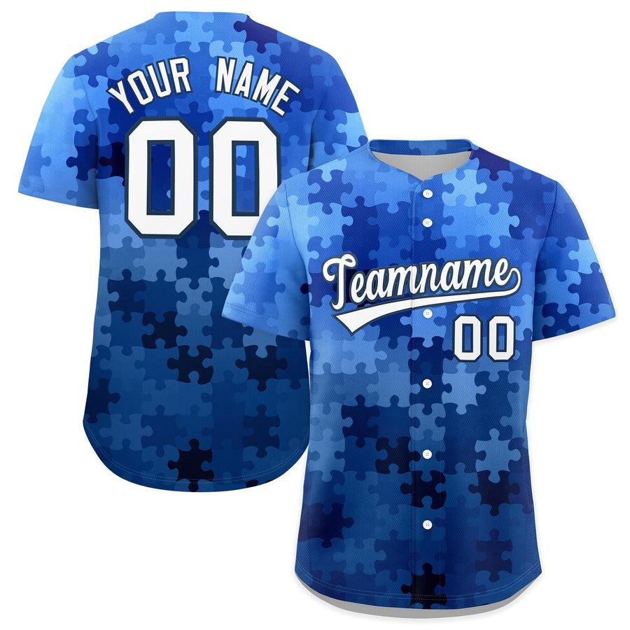 Custom White Midnight Blue Puzzle Elements Baseball Jersey | BuyFootballJersey