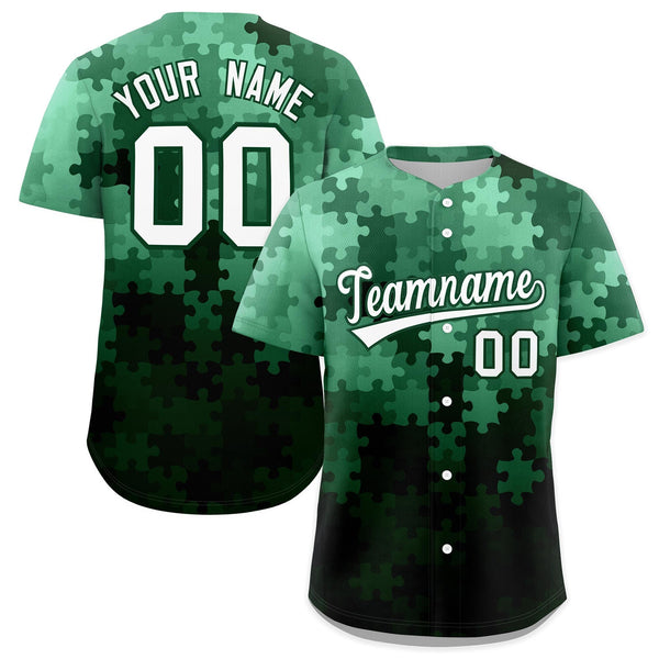 Custom White Green Puzzle Elements Baseball Jersey | BuyFootballJersey