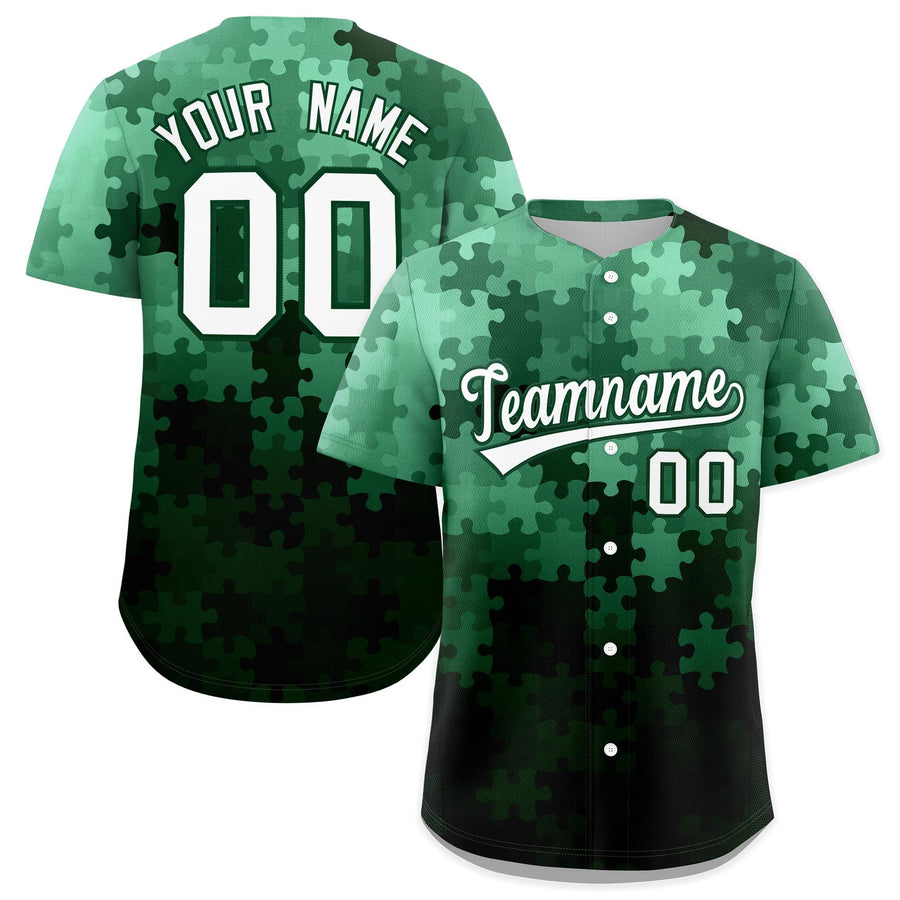 Custom White Green Puzzle Elements Baseball Jersey | BuyFootballJersey