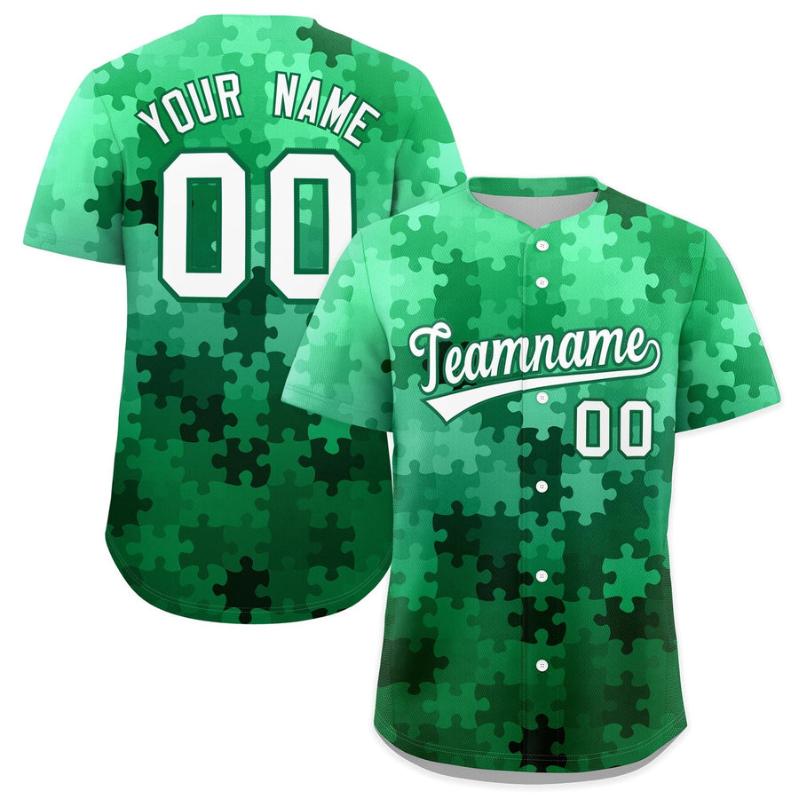 Custom White Kelly Green Puzzle Elements Baseball Jersey | BuyFootballJersey