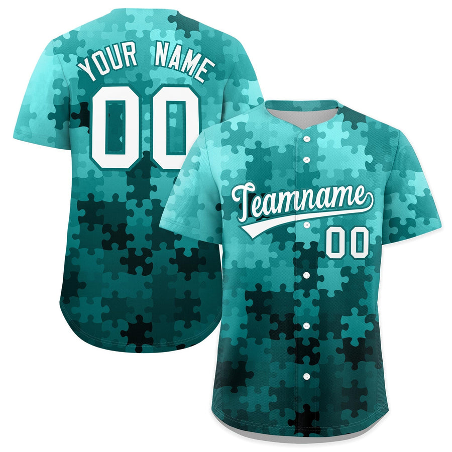Custom White Aqua Puzzle Elements Baseball Jersey | BuyFootballJersey