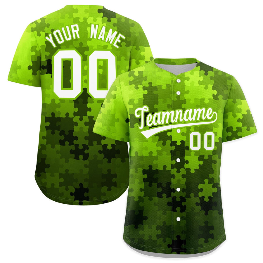 Custom White Neon Green Puzzle Elements Baseball Jersey | BuyFootballJersey