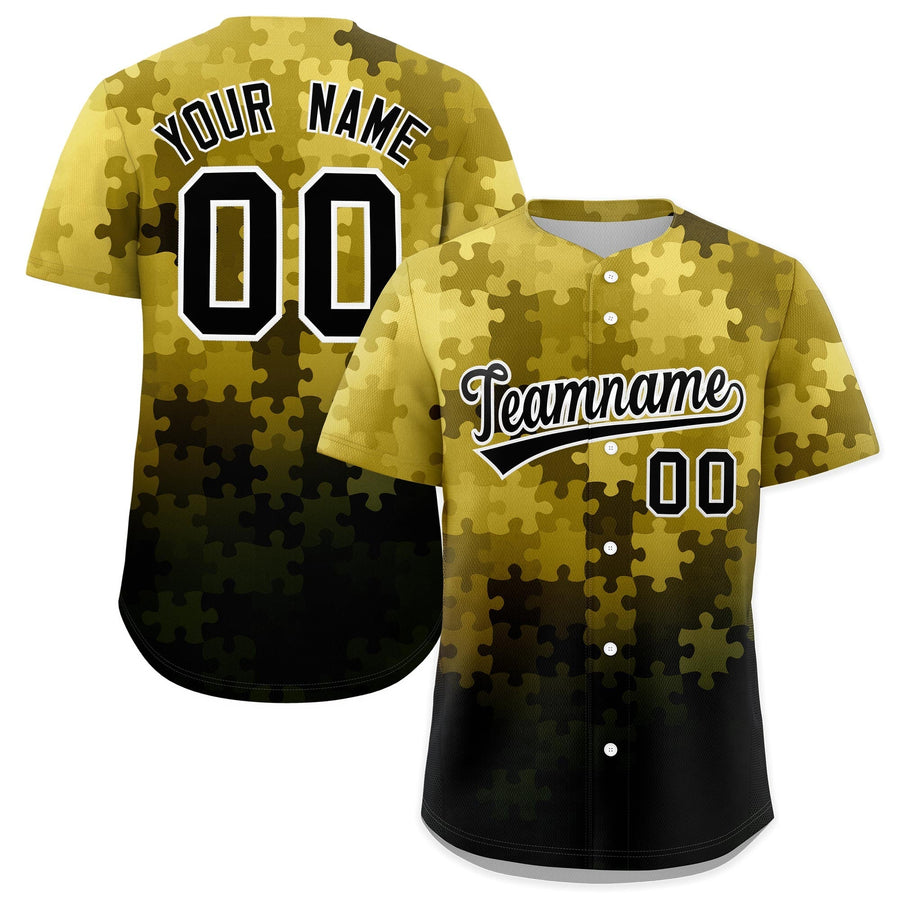 Custom Old Gold White Black Puzzle Elements Baseball Jersey | BuyFootballJersey