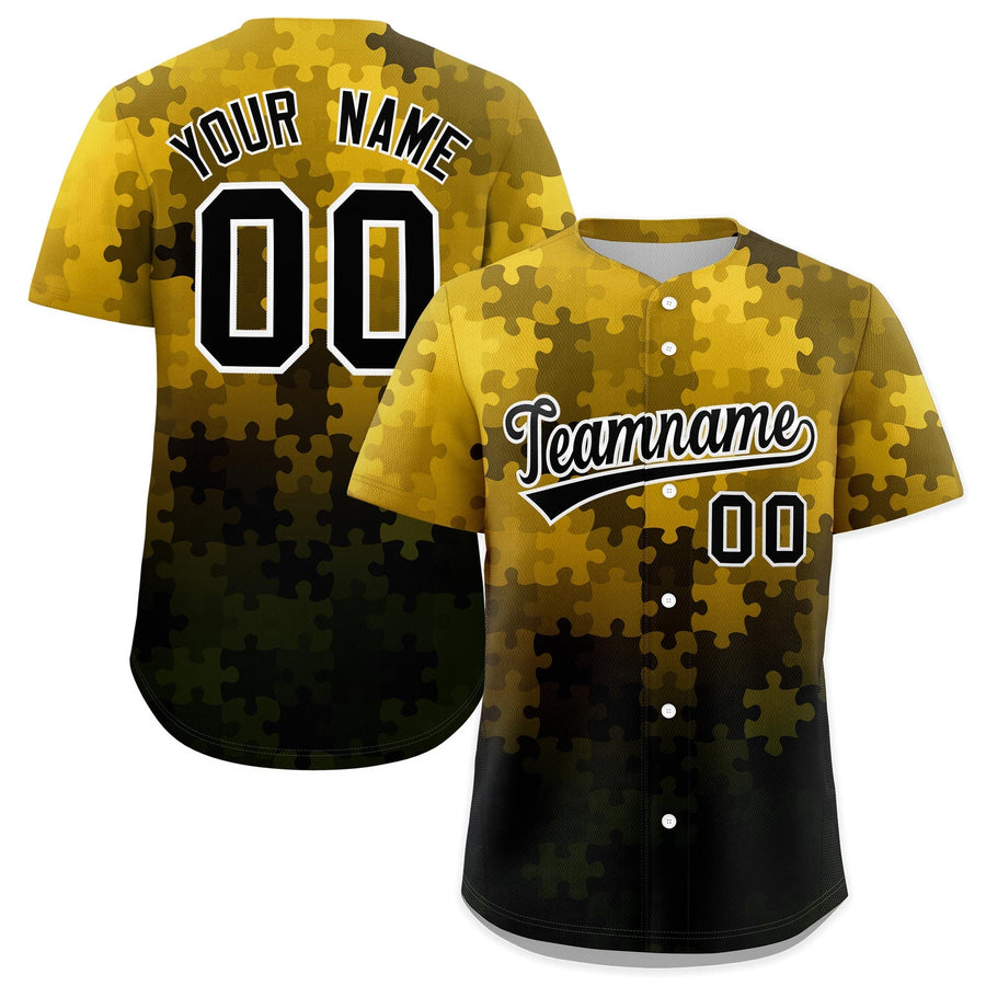 Custom Gold Black White Puzzle Elements Baseball Jersey | BuyFootballJersey
