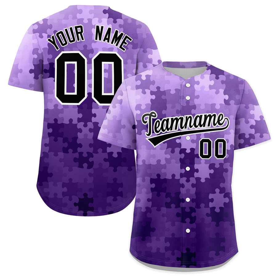 Custom Purple Black White Puzzle Elements Baseball Jersey | BuyFootballJersey