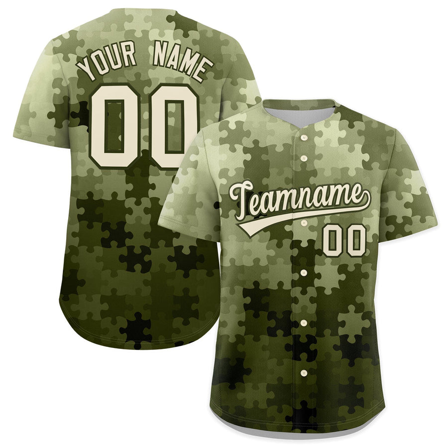 Custom Cream Olive Puzzle Elements Baseball Jersey | BuyFootballJersey