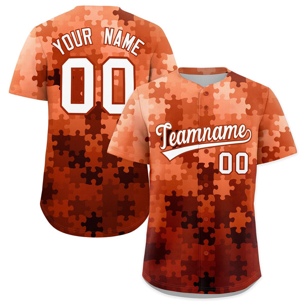 Custom White Dark Orange Puzzle Elements Baseball Jersey | BuyFootballJersey