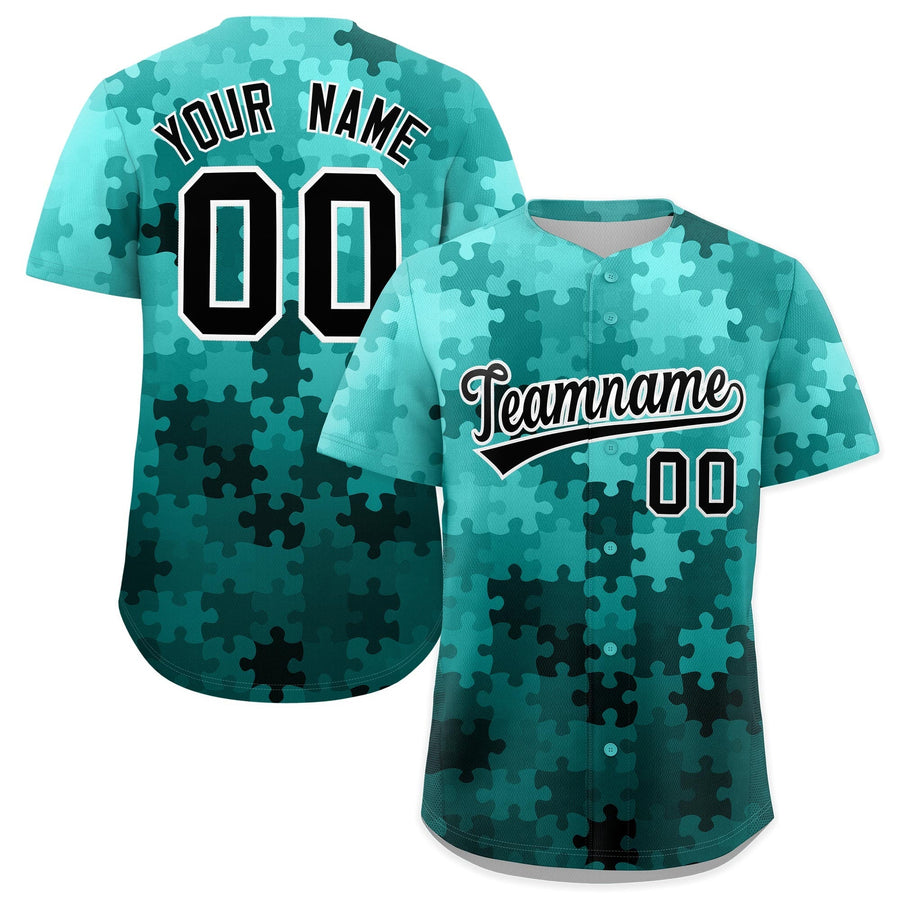 Custom Teal Black White Puzzle Elements Baseball Jersey | BuyFootballJersey