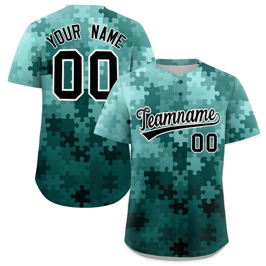 Custom Aqua Black White Puzzle Elements Baseball Jersey | BuyFootballJersey