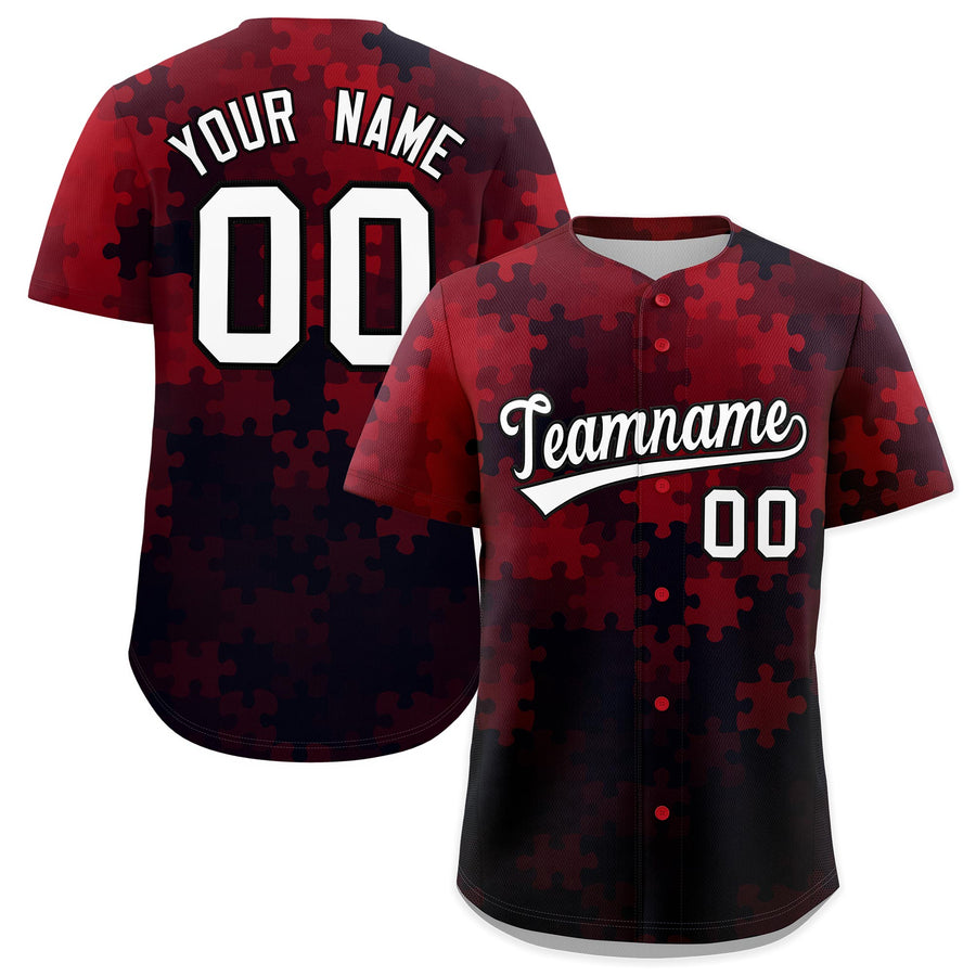 Custom Red White Black Puzzle Elements Baseball Jersey | BuyFootballJersey