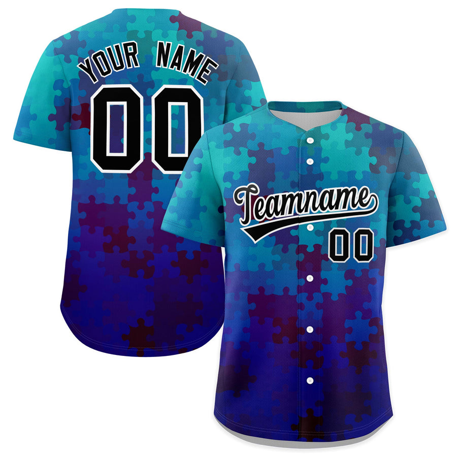 Custom Blue Black White Puzzle Elements Baseball Jersey | BuyFootballJersey