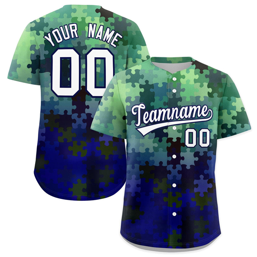 Custom White Dark Blue Puzzle Elements Baseball Jersey | BuyFootballJersey
