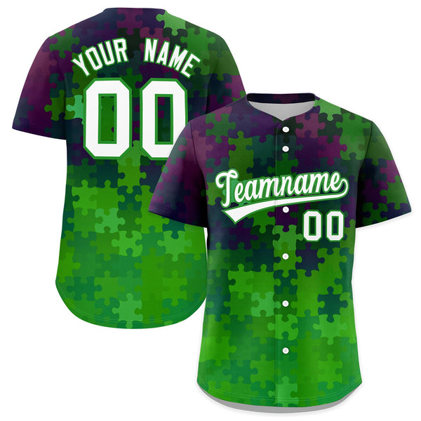 Custom White Light Green Puzzle Elements Baseball Jersey | BuyFootballJersey