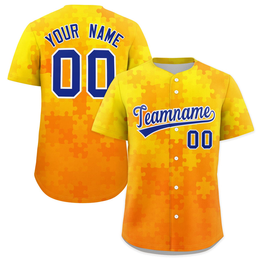 Custom Yellow Royal Blue White Puzzle Elements Baseball Jersey | BuyFootballJersey