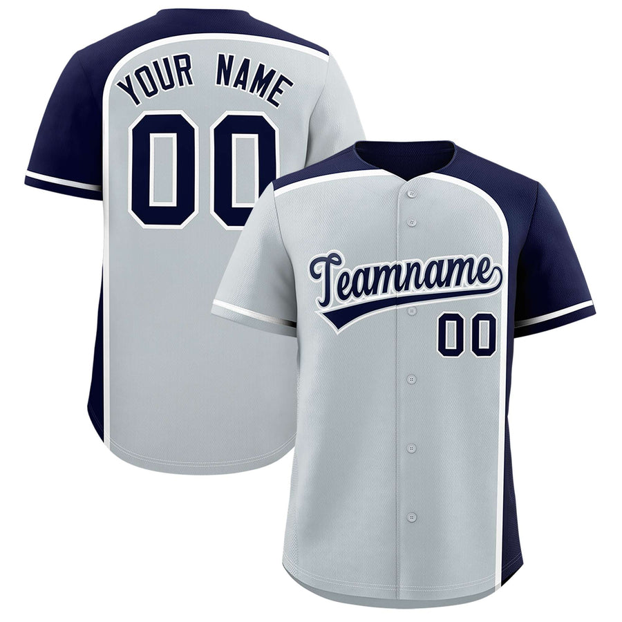 Custom Silver Navy Personalized Color Block Baseball jersey | BuyFootballJersey