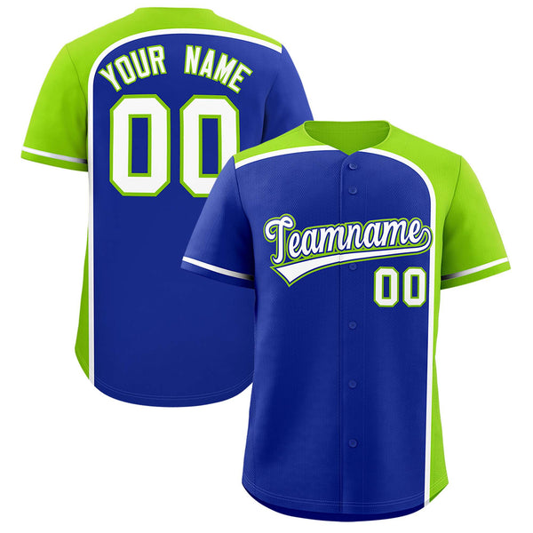 Custom Royal Neon Green Personalized Color Block Baseball jersey | BuyFootballJersey