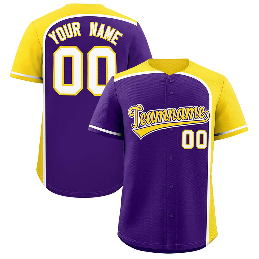 Custom Purple Gold Personalized Color Block Baseball jersey | BuyFootballJersey