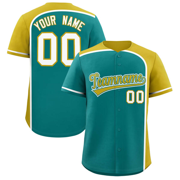 Custom Aqua Old Gold Personalized Color Block Baseball jersey | BuyFootballJersey