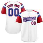 Custom White Red Contrast Raglan Sleeves Baseball Jersey | BuyFootballJersey