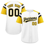Custom White Gold Contrast Raglan Sleeves Baseball Jersey | BuyFootballJersey