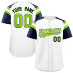 Custom White Navy Contrast Raglan Sleeves Baseball Jersey | BuyFootballJersey