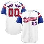 Custom White Royal Contrast Raglan Sleeves Baseball Jersey | BuyFootballJersey