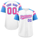 Custom White Powder Blue Contrast Raglan Sleeves Baseball Jersey | BuyFootballJersey
