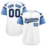 Custom White Light Blue Contrast Raglan Sleeves Baseball Jersey | BuyFootballJersey