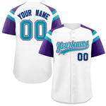 Custom White Purple Contrast Raglan Sleeves Baseball Jersey | BuyFootballJersey