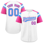 Custom White Pink Contrast Raglan Sleeves Baseball Jersey | BuyFootballJersey