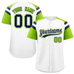 Custom White Neon Green Contrast Raglan Sleeves Baseball Jersey | BuyFootballJersey