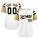 Custom White Old Gold Contrast Raglan Sleeves Baseball Jersey | BuyFootballJersey