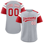 Custom Silver Red Contrast Raglan Sleeves Baseball Jersey | BuyFootballJersey