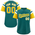 Custom Aqua Gold Contrast Raglan Sleeves Baseball Jersey | BuyFootballJersey
