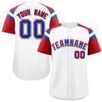 Custom White Red Contrast Raglan Sleeves Baseball Jersey | BuyFootballJersey