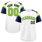 Custom White Navy Contrast Raglan Sleeves Baseball Jersey | BuyFootballJersey